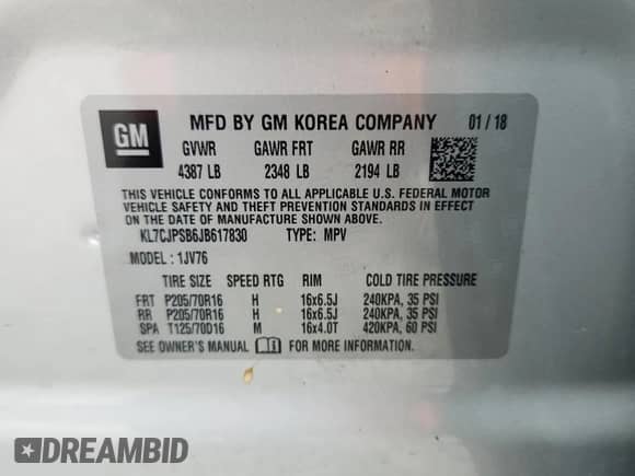2018 Chevrolet Trax LT с VIN KL7CJPSB6JB617830, выставлен на аукционе Copart как лот 84878065 с пробегом 34 509 миль миль и Списание • Salvage title. История ставок и продаж доступна на DreamBid. Изображение 13.