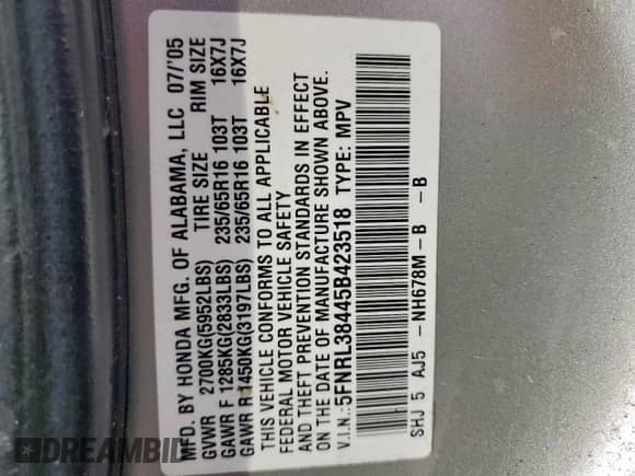 2005 Honda Odyssey EX с VIN 5FNRL38445B423518, выставлен на аукционе Copart как лот 84187105 с пробегом 193 497 миль миль и Списание • Salvage title. История ставок и продаж доступна на DreamBid. Изображение 13.