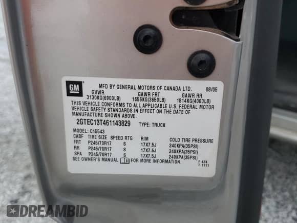 2006 GMC Sierra 1500 SLE1 z VIN 2GTEC13T461143829, wystawiony jako Copart lot #68153955 z przebiegiem 176 017 mil mil oraz Szkoda całkowita • Salvage title. Historia ofert i sprzedaży dostępna na DreamBid. Obrazek 12.