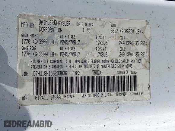 2005 Dodge 1500 SLT with VIN 1D7HU18N15S233836, listed as a IAAI auction lot 42831476 with 168,536 mi miles and . Bid and sale history available at DreamBid. Image 9.