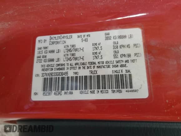 2003 Dodge 2500 ST с VIN 3D7KA28D33G836495, выставлен на аукционе Copart как лот 63574295 с пробегом 161 113 миль миль и Чистый • Clean title. История ставок и продаж доступна на DreamBid. Изображение 12.