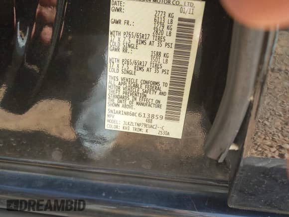 2011 Nissan Pathfinder SV with VIN 5N1AR1NB6BC613859, listed as a IAAI auction lot 42020481 with 168,736 mi miles and . Bid and sale history available at DreamBid. Image 9.