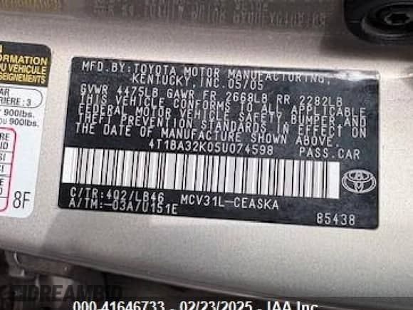 2005 Toyota Camry SE with VIN 4T1BA32K05U074598, listed as a IAAI auction lot 41646733 with 119,170 mi miles and . Bid and sale history available at DreamBid. Image 8.