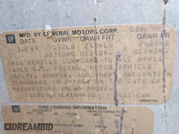 1990 Chevrolet Caprice с VIN 1G1BU54EXLA109430, выставлен на аукционе IAAI как лот 41556535 с пробегом Не указан миль и . История ставок и продаж доступна на DreamBid. Изображение 9.