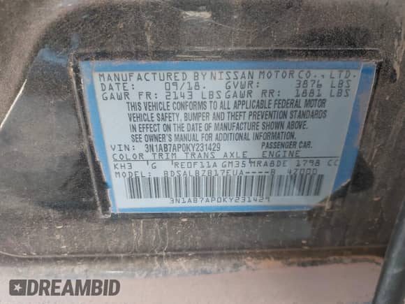 2019 Nissan Sentra SR с VIN 3N1AB7AP0KY231429, выставлен на аукционе IAAI как лот 43347379 с пробегом 124 790 миль миль и . История ставок и продаж доступна на DreamBid. Изображение 9.