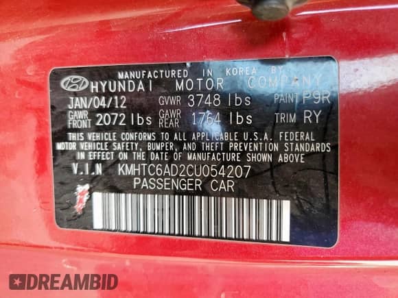 2012 Hyundai Veloster w/Gray Int z VIN KMHTC6AD2CU054207, wystawiony jako Copart lot #71825225 z przebiegiem 177 940 mil mil oraz Szkoda całkowita • Salvage title. Historia ofert i sprzedaży dostępna na DreamBid. Obrazek 12.