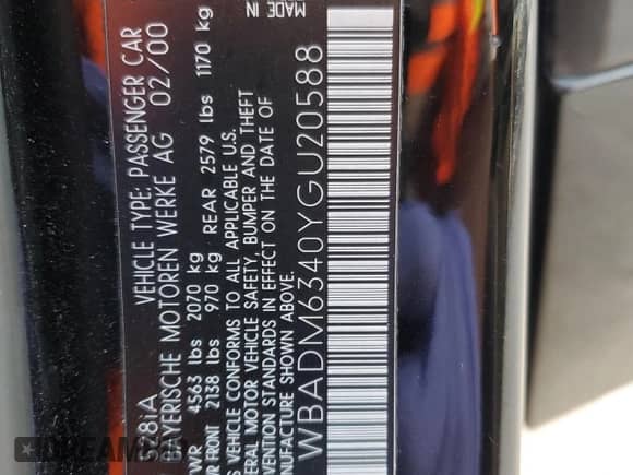 2000 BMW 5 Series 528i с VIN WBADM6340YGU20588, выставлен на аукционе Copart как лот 53842375 с пробегом Не указан миль и Списание • Salvage title. История ставок и продаж доступна на DreamBid. Изображение 12.