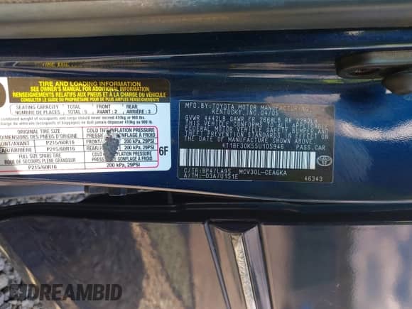 2005 Toyota Camry LE with VIN 4T1BF30K55U105946, listed as a IAAI auction lot 42567700 with Not provided miles and . Bid and sale history available at DreamBid. Image 9.