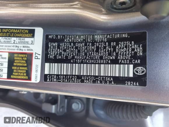 2017 Toyota Camry LE z VIN 4T1BF1FK9HU368974, wystawiony jako IAAI lot #43377943 z przebiegiem 96 901 mil mil oraz . Historia ofert i sprzedaży dostępna na DreamBid. Obrazek 9.