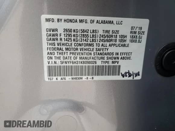 2019 Honda Pilot EX z VIN 5FNYF6H31KB098026, wystawiony jako Copart lot #89412285 z przebiegiem Nie podano mil oraz Szkoda całkowita • Salvage title. Historia ofert i sprzedaży dostępna na DreamBid. Obrazek 14.