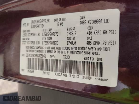 2005 Dodge 2500 SLT with VIN 3D7KS28C55G865861, listed as a IAAI auction lot 43131970 with 189,416 mi miles and . Bid and sale history available at DreamBid. Image 9.