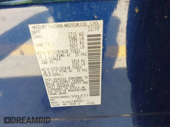 2020 Nissan Pathfinder SV with VIN 5N1DR2BN9LC591777, listed as a IAAI auction lot 43087207 with 109,236 mi miles and . Bid and sale history available at DreamBid. Image 9.