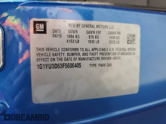 2015 Chevrolet Corvette Z06 3LZ с VIN 1G1YU3D63F5606405, выставлен на аукционе Copart как лот 47130505 с пробегом 34 951 миль миль и Списание • Salvage title. История ставок и продаж доступна на DreamBid. Изображение 12.