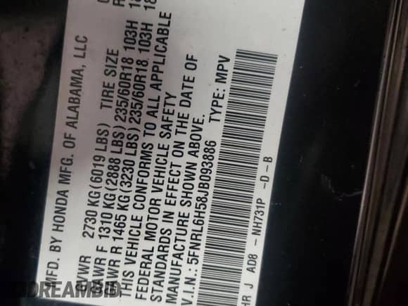 2018 Honda Odyssey EX with VIN 5FNRL6H58JB093886, listed as a Copart auction lot 58319325 with 86,422 mi miles and Salvage title. Bid and sale history available at DreamBid. Image 13.