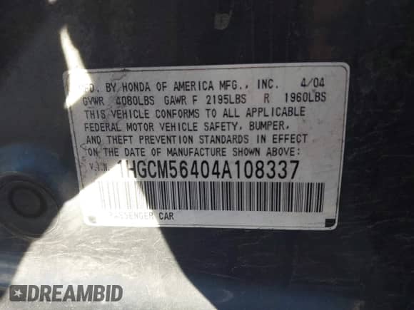 2004 Honda Accord LX с VIN 1HGCM56404A108337, выставлен на аукционе IAAI как лот 43408231 с пробегом 425 192 миль миль и . История ставок и продаж доступна на DreamBid. Изображение 9.