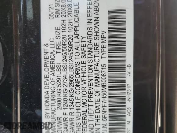 2021 Honda Passport EX-L с VIN 5FNYF7H50MB008715, выставлен на аукционе Copart как лот 68155785 с пробегом 36 958 миль миль и Списание • Salvage title. История ставок и продаж доступна на DreamBid. Изображение 14.