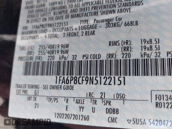 2022 Ford Mustang GT with VIN 1FA6P8CF9N5122151, listed as a IAAI auction lot 42011876 with 29,088 mi miles and . Bid and sale history available at DreamBid. Image 9.