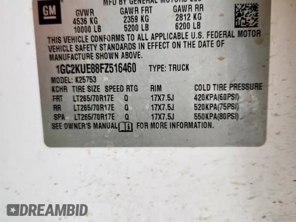 2015 Chevrolet Silverado 2500HD Work Truck z VIN 1GC2KUE88FZ516460, wystawiony jako Copart lot #62709705 z przebiegiem Nie podano mil oraz Szkoda całkowita • Salvage title. Historia ofert i sprzedaży dostępna na DreamBid. Obrazek 13.