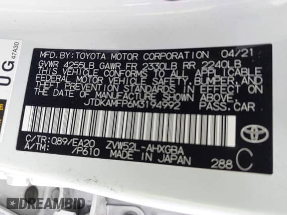 2021 Toyota Prius XLE with VIN JTDKAMFP6M3194992, listed as a IAAI auction lot 43311948 with 96,751 mi miles and . Bid and sale history available at DreamBid. Image 9.