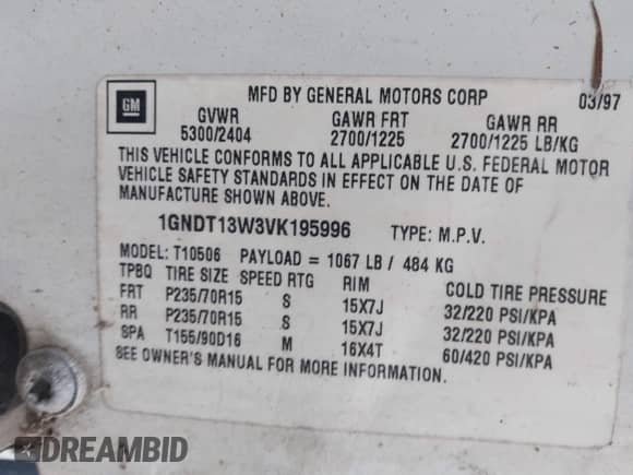 1997 Chevrolet Blazer LS z VIN 1GNDT13W3VK195996, wystawiony jako IAAI lot #41777945 z przebiegiem 203 430 mil mil oraz . Historia ofert i sprzedaży dostępna na DreamBid. Obrazek 9.