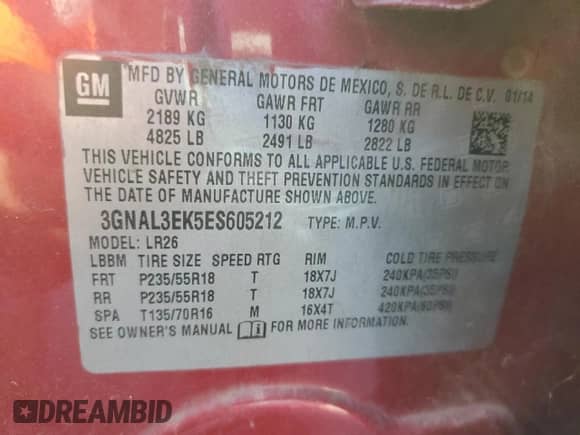 2014 Chevrolet Captiva Sport LT с VIN 3GNAL3EK5ES605212, выставлен на аукционе Copart как лот 73433764 с пробегом 111 391 миль миль и Списание • Salvage title. История ставок и продаж доступна на DreamBid. Изображение 14.