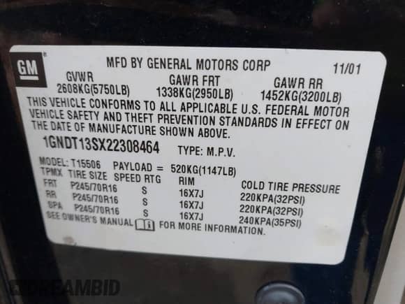 2002 Chevrolet TrailBlazer LS with VIN 1GNDT13SX22308464, listed as a IAAI auction lot 41225470 with 127,370 mi miles and . Bid and sale history available at DreamBid. Image 9.