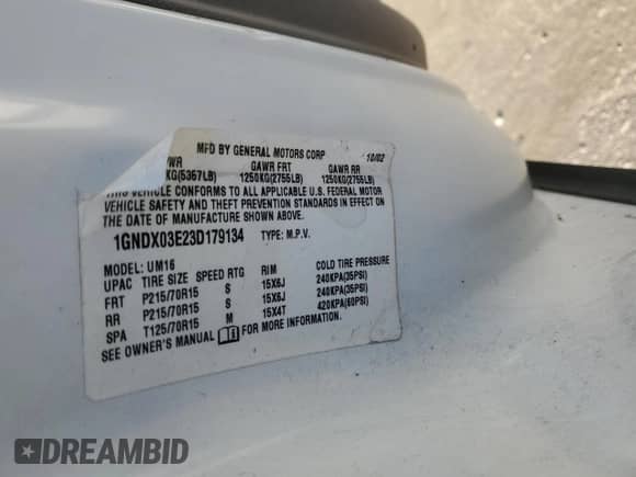 2003 Chevrolet Venture 1SA с VIN 1GNDX03E23D179134, выставлен на аукционе Copart как лот 41536875 с пробегом 206 192 миль миль и Списание • Salvage title. История ставок и продаж доступна на DreamBid. Изображение 13.
