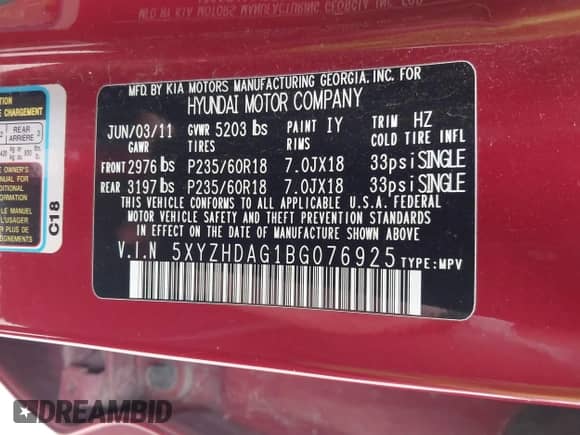 2011 Hyundai Santa Fe SE with VIN 5XYZHDAG1BG076925, listed as a IAAI auction lot 43204667 with 320,107 mi miles and . Bid and sale history available at DreamBid. Image 9.