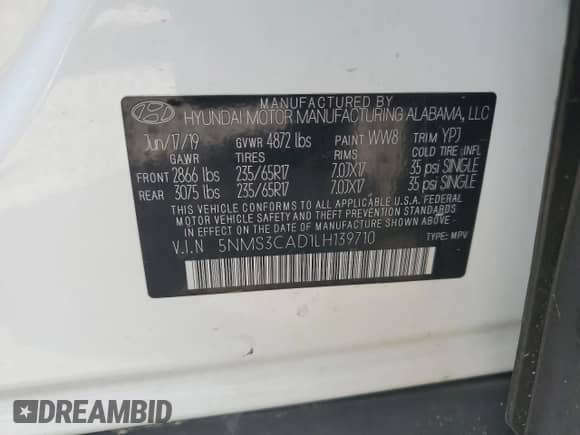 2020 Hyundai Santa Fe SEL with VIN 5NMS3CAD1LH139710, listed as a Copart auction lot 66304875 with 69,858 mi miles and Salvage title. Bid and sale history available at DreamBid. Image 14.