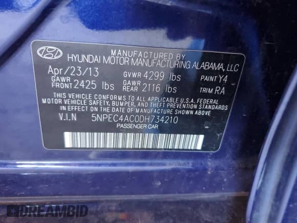 2013 Hyundai Sonata SE with VIN 5NPEC4AC0DH734210, listed as a Copart auction lot 86682685 with 128,143 mi miles and Salvage title. Bid and sale history available at DreamBid. Image 12.