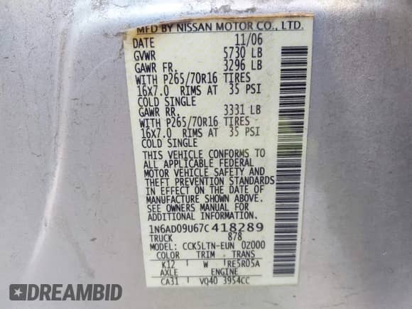 2007 Nissan Frontier SE с VIN 1N6AD09U67C418289, выставлен на аукционе IAAI как лот 43022292 с пробегом 183 355 миль миль и . История ставок и продаж доступна на DreamBid. Изображение 9.