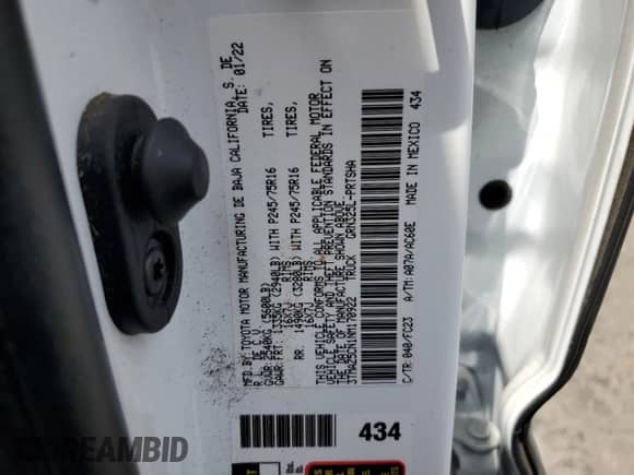 2022 Toyota Tacoma SR5 с VIN 3TMAZ5CN1NM170922, выставлен на аукционе Copart как лот 58293135 с пробегом 37 614 миль миль и Чистый • Clean title. История ставок и продаж доступна на DreamBid. Изображение 13.