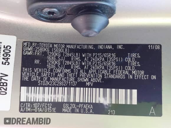 2009 Toyota Sienna LE z VIN 5TDZK23C29S271137, wystawiony jako IAAI lot #42784804 z przebiegiem 325 703 mil mil oraz . Historia ofert i sprzedaży dostępna na DreamBid. Obrazek 9.