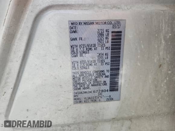 2017 Nissan Pathfinder SV with VIN 5N1DR2MN2HC672804, listed as a Copart auction lot 60276635 with 293,212 mi miles and Clean title. Bid and sale history available at DreamBid. Image 14.