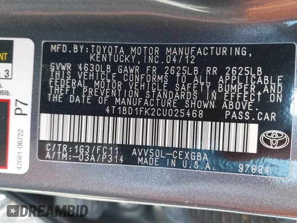 2012 Toyota Camry XLE with VIN 4T1BD1FK2CU025468, listed as a IAAI auction lot 42546989 with Not provided miles and . Bid and sale history available at DreamBid. Image 9.