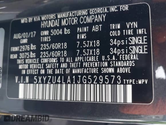 2018 Hyundai Santa Fe 2.0T with VIN 5XYZU4LA1JG529573, listed as a IAAI auction lot 43307903 with 83,585 mi miles and . Bid and sale history available at DreamBid. Image 9.