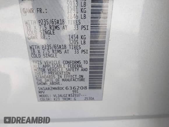 2013 Nissan Pathfinder SV с VIN 5N1AR2MN8DC636208, выставлен на аукционе IAAI как лот 43052642 с пробегом 171 903 миль миль и . История ставок и продаж доступна на DreamBid. Изображение 9.