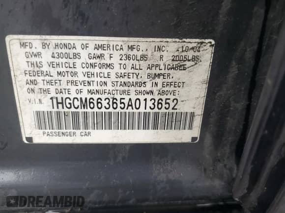 2005 Honda Accord LX with VIN 1HGCM66365A013652, listed as a Copart auction lot 57000165 with 207,392 mi miles and Clean title. Bid and sale history available at DreamBid. Image 12.