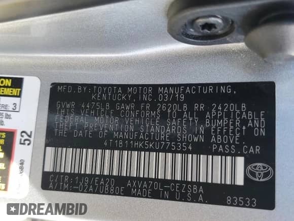 2019 Toyota Camry SE z VIN 4T1B11HK5KU775354, wystawiony jako Copart lot #85873795 z przebiegiem 42 472 mil mil oraz Szkoda całkowita • Salvage title. Historia ofert i sprzedaży dostępna na DreamBid. Obrazek 12.