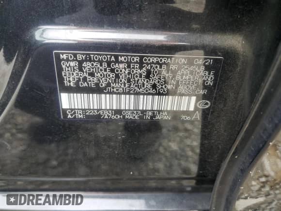 2021 Lexus IS 300 with VIN JTHC81F27M5046193, listed as a Copart auction lot 59846805 with 92,034 mi miles and Salvage title. Bid and sale history available at DreamBid. Image 12.