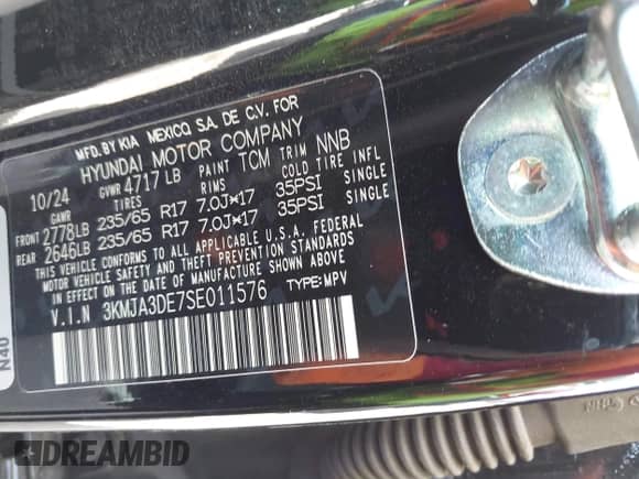 2025 Hyundai Tucson with VIN 3KMJA3DE7SE011576, listed as a IAAI auction lot 42758407 with 10,074 mi miles and . Bid and sale history available at DreamBid. Image 9.