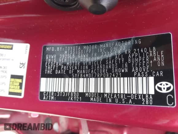 2024 Toyota Corolla LE с VIN 5YFB4MDE7RP082421, выставлен на аукционе IAAI как лот 43366596 с пробегом 31 302 миль миль и . История ставок и продаж доступна на DreamBid. Изображение 9.