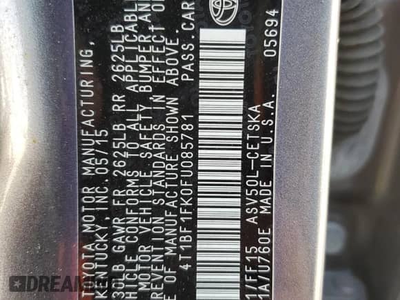 2015 Toyota Camry SE с VIN 4T1BF1FK0FU085781, выставлен на аукционе Copart как лот 87231785 с пробегом 116 916 миль миль и Списание • Salvage title. История ставок и продаж доступна на DreamBid. Изображение 12.