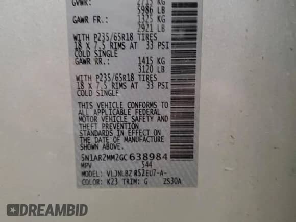 2016 Nissan Pathfinder S with VIN 5N1AR2MM2GC638984, listed as a Copart auction lot 58139695 with 202,536 mi miles and Salvage title. Bid and sale history available at DreamBid. Image 13.