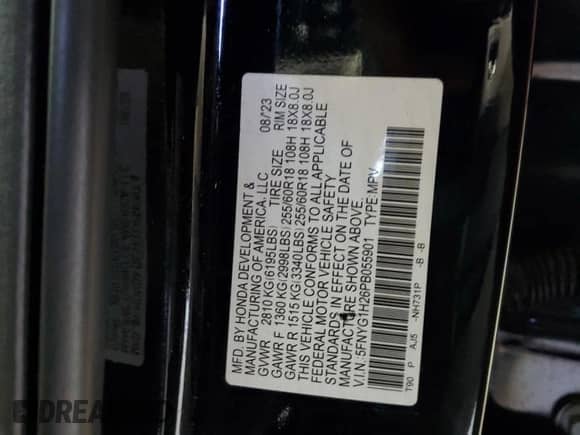 2023 Honda Pilot LX с VIN 5FNYG1H26PB055901, выставлен на аукционе Copart как лот 70929175 с пробегом 37 272 миль миль и Списание • Salvage title. История ставок и продаж доступна на DreamBid. Изображение 14.