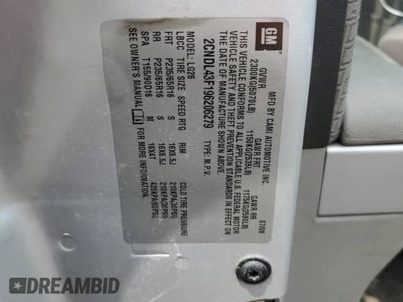 2009 Chevrolet Equinox 1LT z VIN 2CNDL43F196206279, wystawiony jako Copart lot #58901455 z przebiegiem 190 128 mil mil oraz Szkoda całkowita • Salvage title. Historia ofert i sprzedaży dostępna na DreamBid. Obrazek 12.