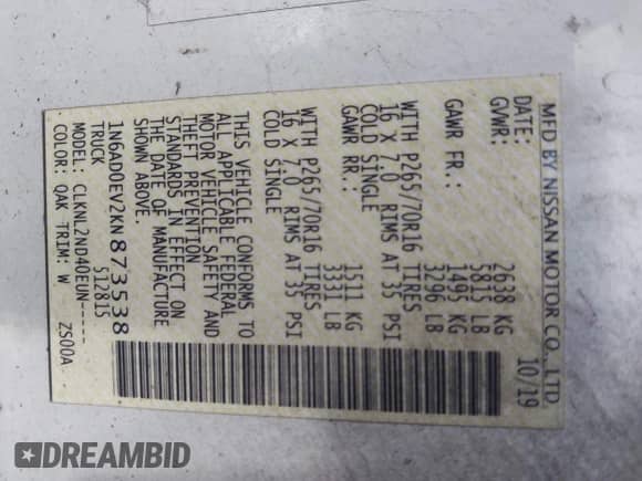 2019 Nissan Frontier SV with VIN 1N6AD0EV2KN873538, listed as a IAAI auction lot 43003970 with 90,588 mi miles and . Bid and sale history available at DreamBid. Image 9.