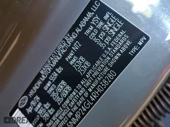 2024 Hyundai Santa Fe SEL с VIN 5NMP24GL4RH038280, выставлен на аукционе Copart как лот 76812064 с пробегом 12 225 миль миль и Списание • Salvage title. История ставок и продаж доступна на DreamBid. Изображение 15.