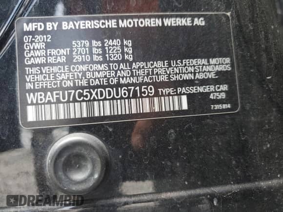 2013 BMW 5 Series 535i xDrive with VIN WBAFU7C5XDDU67159, listed as a Copart auction lot 68189065 with 161,702 mi miles and Salvage title. Bid and sale history available at DreamBid. Image 12.