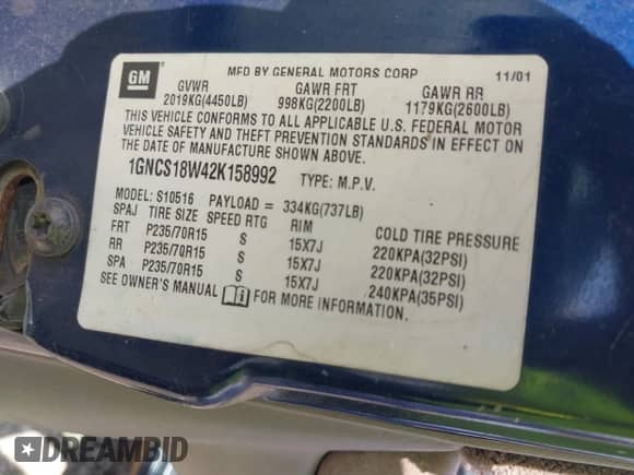 2002 Chevrolet Blazer LS с VIN 1GNCS18W42K158992, выставлен на аукционе IAAI как лот 42762582 с пробегом Не указан миль и . История ставок и продаж доступна на DreamBid. Изображение 9.